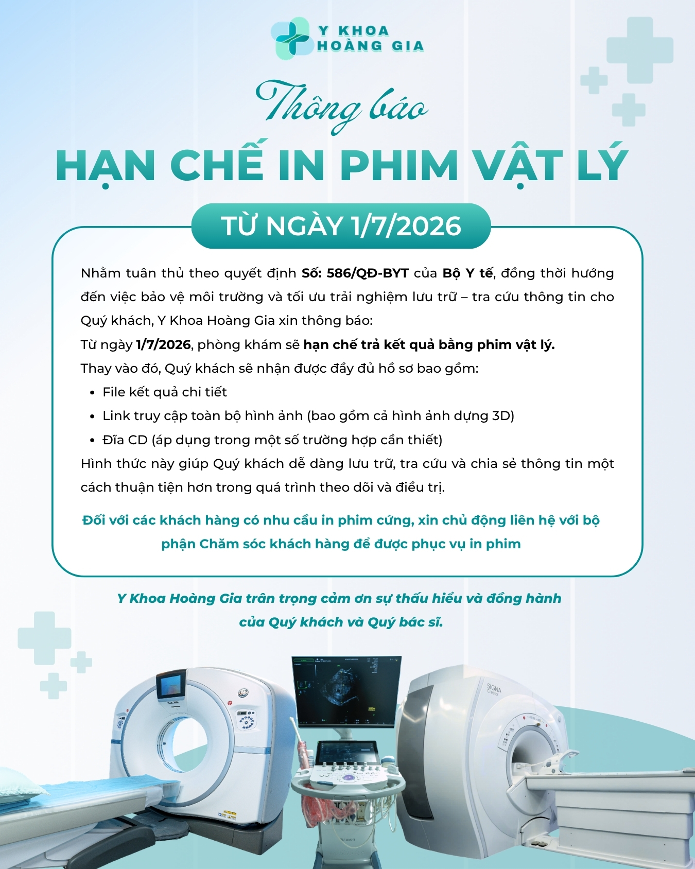 Thông báo hạn chế trả kết quả bằng phim vật lý từ ngày 01/07/2026